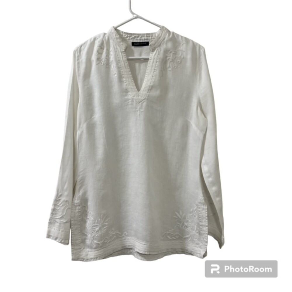 Valerie Stevens White Floral Embroidered V Neck Linen LS Tunic Top Size Medium